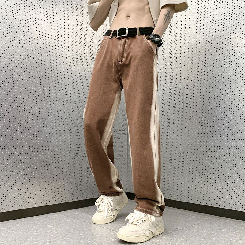 水洗牛仔裤男秋ins潮牌直筒裤美式高街修身微喇裤-BK305-P45咖色,男装牛仔裤,星座307-3(原516-1)