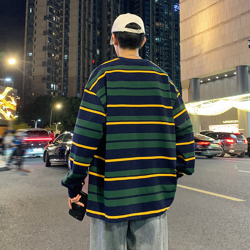 280G长袖纯棉t恤秋季复古撞色条纹男圆领宽松打底衫-2398-宝蓝P58,男装卫衣,星座307-3(原516-1)
