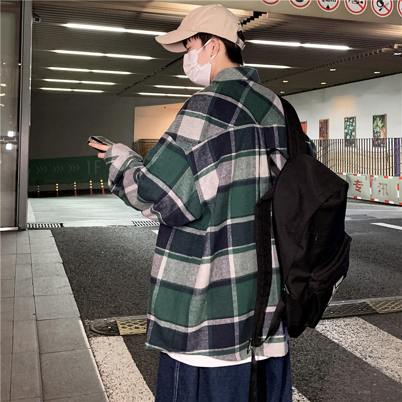 港风ins格子衬衫男长袖潮流百搭衬衣宽松春秋外套-CS612-P48-绿色,男装衬衫,星座307-3(原516-1)