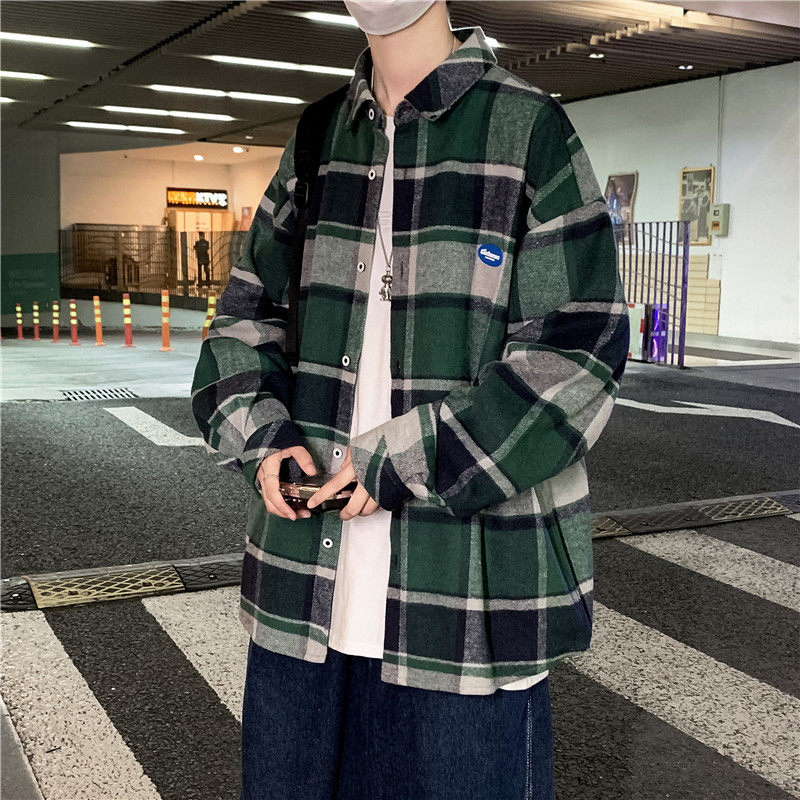 港风ins格子衬衫男长袖潮流百搭衬衣宽松春秋外套-CS612-P48-绿色图片