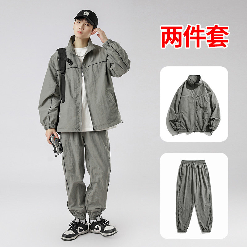 休闲套装男春季2024新款帅气运动夹克套装男两件套-TZ8801-P105灰图片