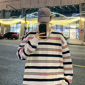280G重磅长袖卫衣条纹情侣t恤秋cityboy宽松打底衫-2393-米杏P58,吊带镂空外套穿搭图片
