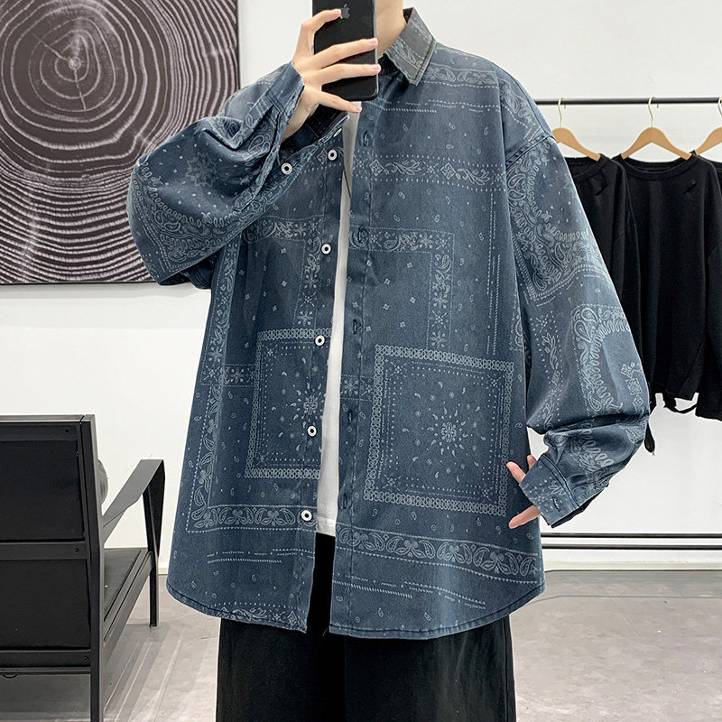 长袖衬衫男春季港风ins潮牌衬衣服宽松休闲工装外套-CS616-P58-蓝,男装衬衫,星座307-3(原516-1)