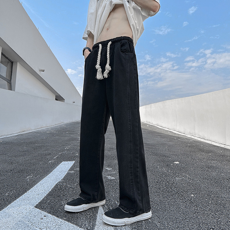 黑色牛仔裤男春秋季美式vibe高街潮牌直筒宽松阔腿裤子-6034-P45图片