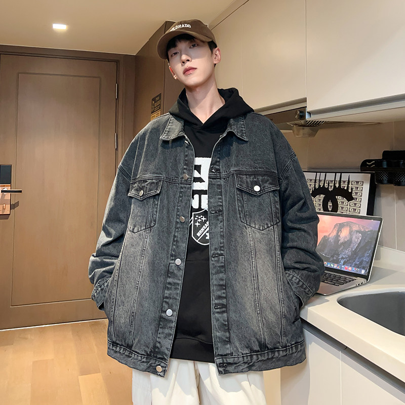 2024春季牛仔外套男港风宽松上衣服潮流韩版高街夹克-J15-P68烟灰图片