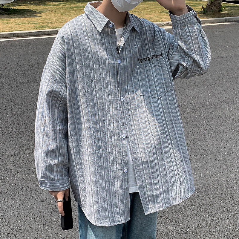 春夏长袖竖条纹衬衫男休闲港风高街bf韩版日系衬衣-CS80-P40卡其,男装衬衫,星座307-3(原516-1)