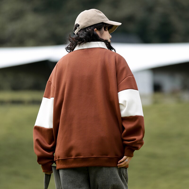 山系条纹翻领卫衣男女秋季宽松拼色polo衫长袖上衣-2386-墨绿P55,男装卫衣,星座307-3(原516-1)