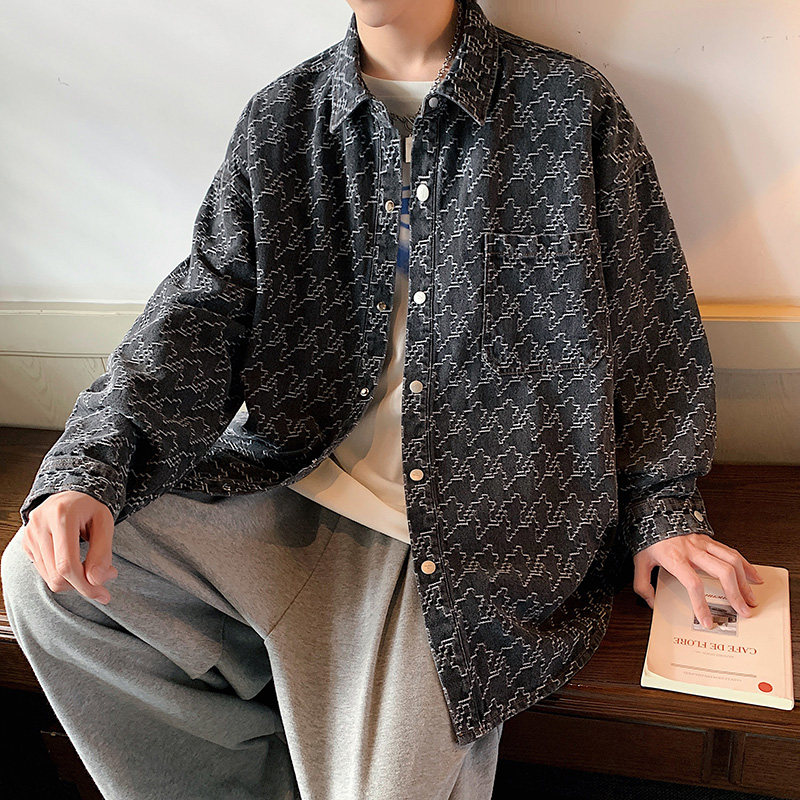 23ss新款老花满印字母衬衫外套男情侣长袖牛仔衬衣潮-CS621-P65黑图片