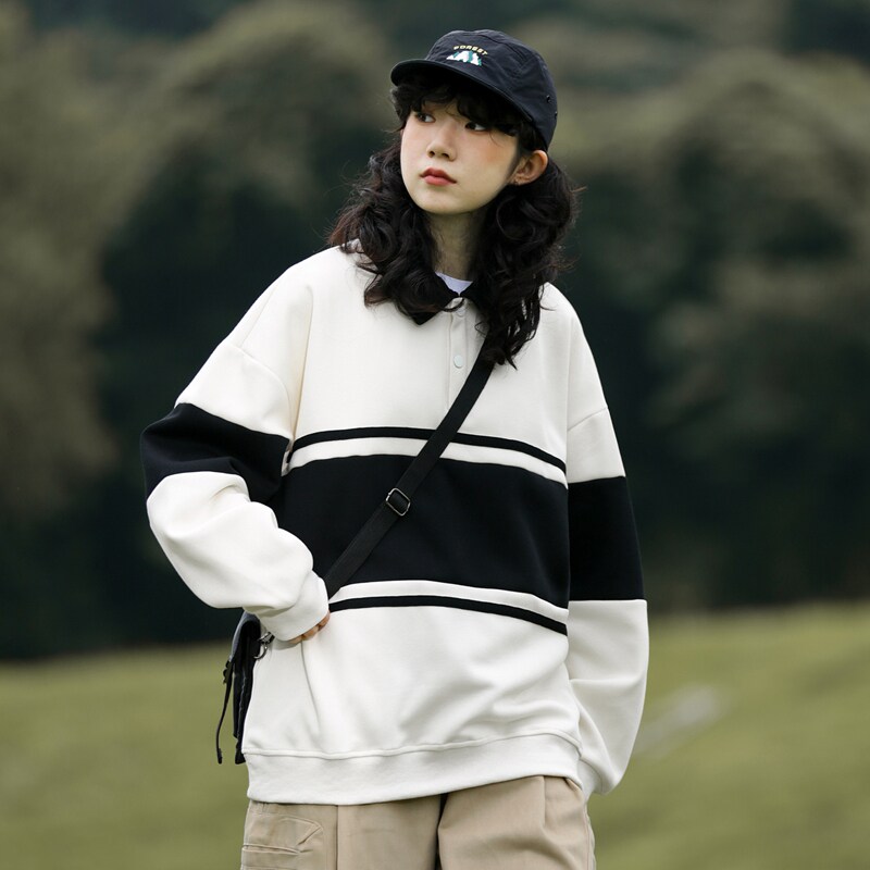 山系条纹翻领卫衣男女秋季宽松拼色polo衫长袖上衣-2386-黑色P55,男装卫衣,星座307-3(原516-1)