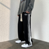 裤子男秋季侧条纹休闲裤宽松直筒阔腿裤大码高街卫裤-K332-P45-黑，男装休闲裤，星座307-3(原516-1)