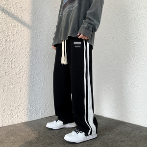 裤子男秋季侧条纹休闲裤宽松直筒阔腿裤大码高街卫裤-K332-P45-黑图片