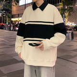 港风条纹翻领卫衣男23秋季宽松拼色polo衫长袖上衣-2386-墨绿P55，男装卫衣，星座307-3(原516-1)