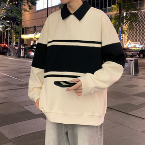 港风条纹翻领卫衣男23秋季宽松拼色polo衫长袖上衣-2386-墨绿P55图片