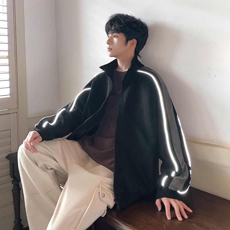 麂皮绒外套男秋季宽松痞帅男生棒球服美式潮牌夹克-JK8802-P65黑图片