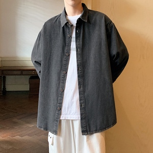 牛仔长袖衬衫男秋季美式韩版简约短袖衬衣港风宽松-CS622-P60蓝图片