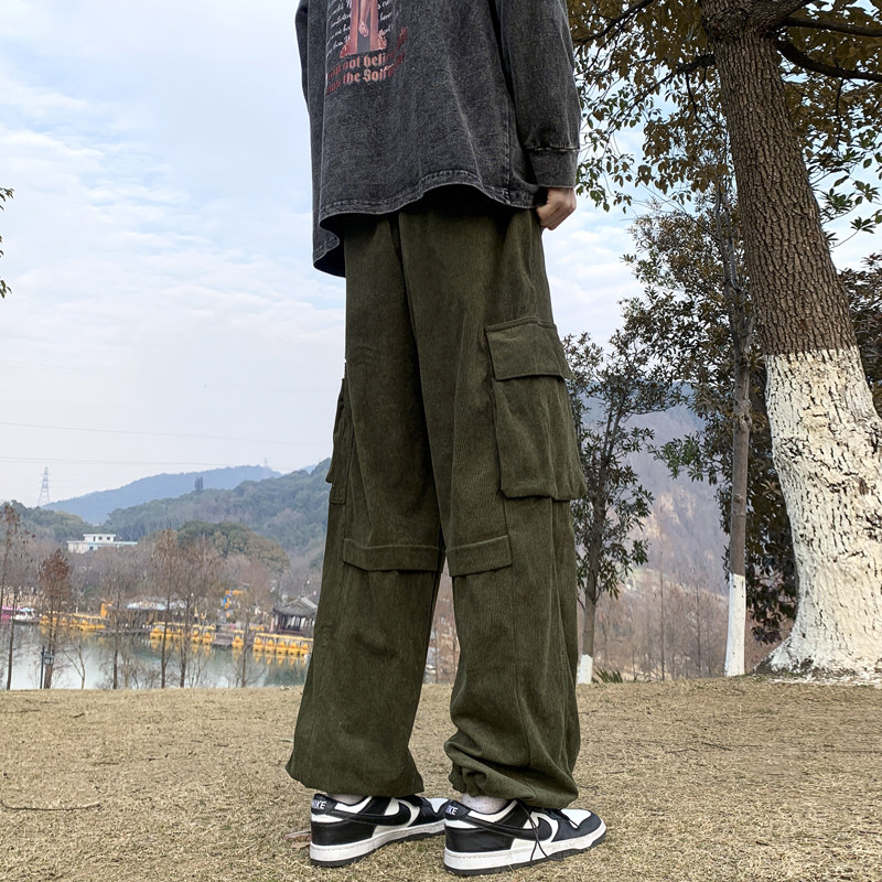 山系复古美拉德工装裤直筒宽松休闲裤高街灯芯绒长裤-K873-P48绿,男装休闲裤,星座307-3(原516-1)