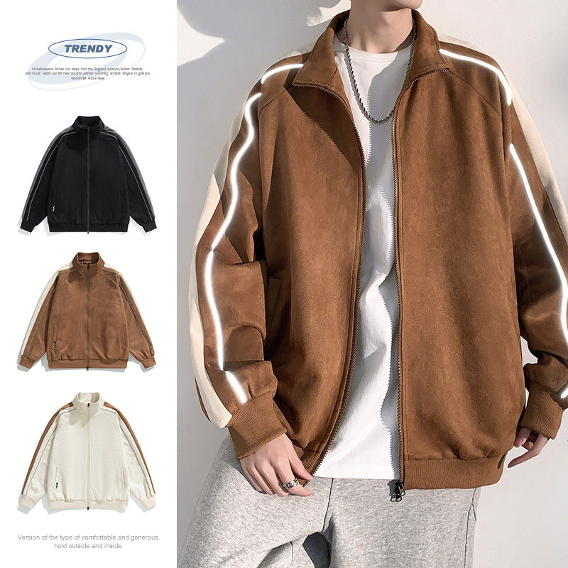 春季麂皮绒外套2023美式棒球服冲锋衣运动夹克男-JK8802-P70焦糖图片