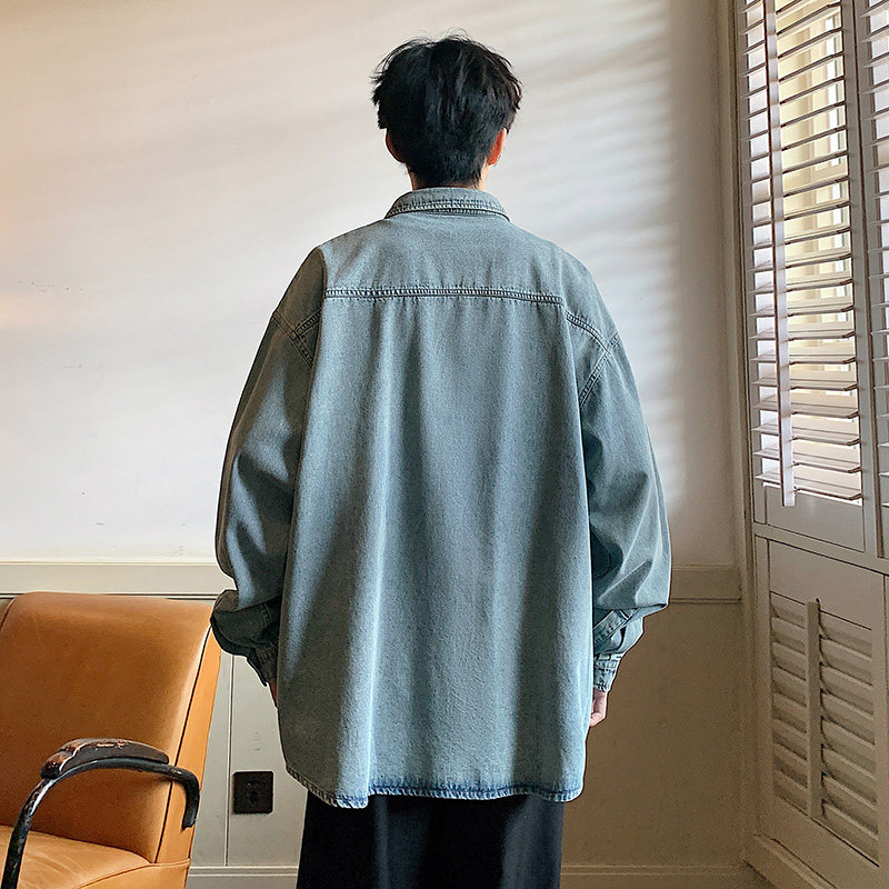 牛仔长袖衬衫男秋季美式韩版简约短袖衬衣港风宽松-CS622-P60泥黄,男装衬衫,星座307-3(原516-1)