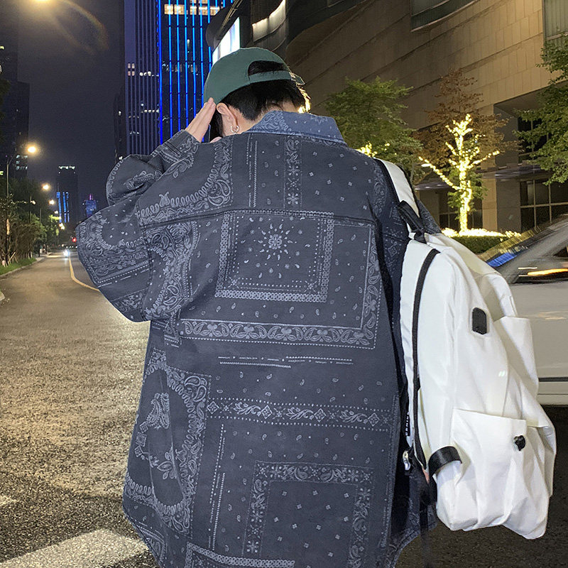 秋季潮流衬衫夹克港风印花街头立领长袖衬衣夹克-CS616-P58-深灰,男装衬衫,星座307-3(原516-1)