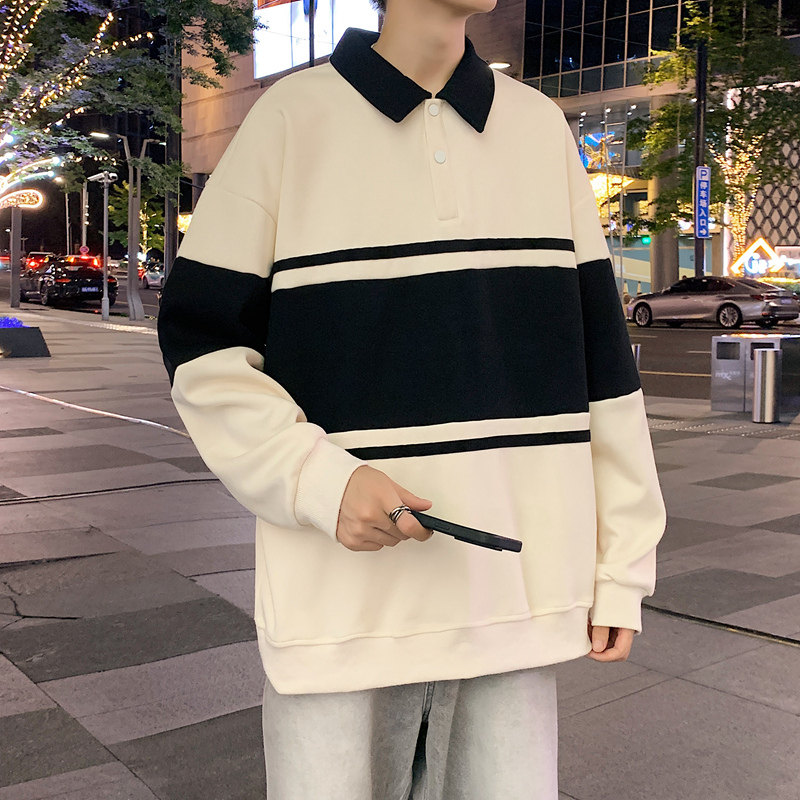 港风条纹翻领卫衣男23秋季宽松拼色polo衫长袖上衣-2386-黑色P55,男装卫衣,星座307-3(原516-1)