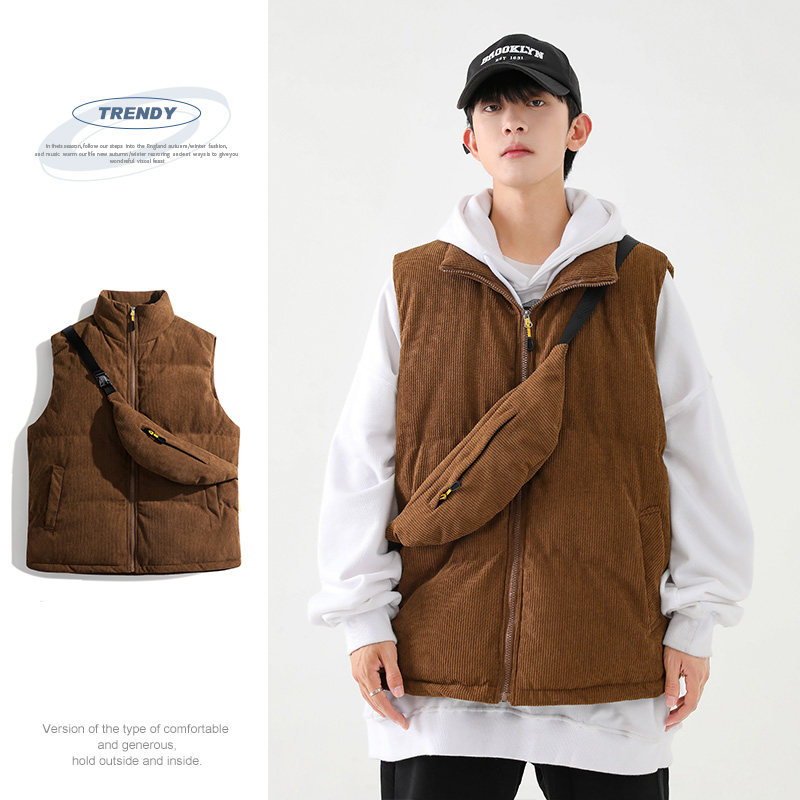 灯芯绒棉马甲男冬季日系复古加厚立领棉服情侣外套-8516-P68咖啡图片