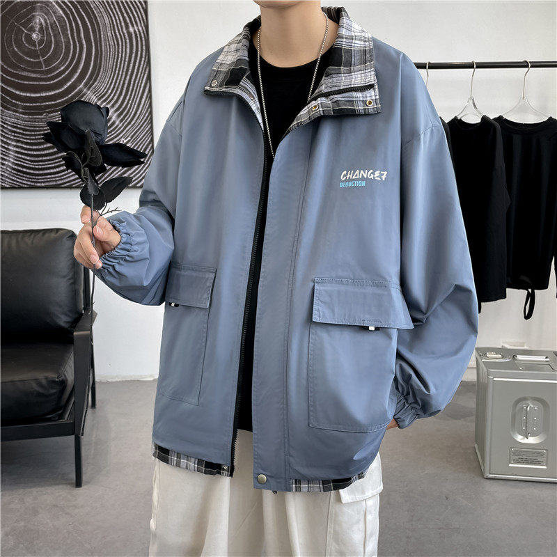 oversize拼接假两件外套男ins潮流宽松潮牌港风夹克-JK818-P65蓝,男装夹克,星座307-3(原516-1)