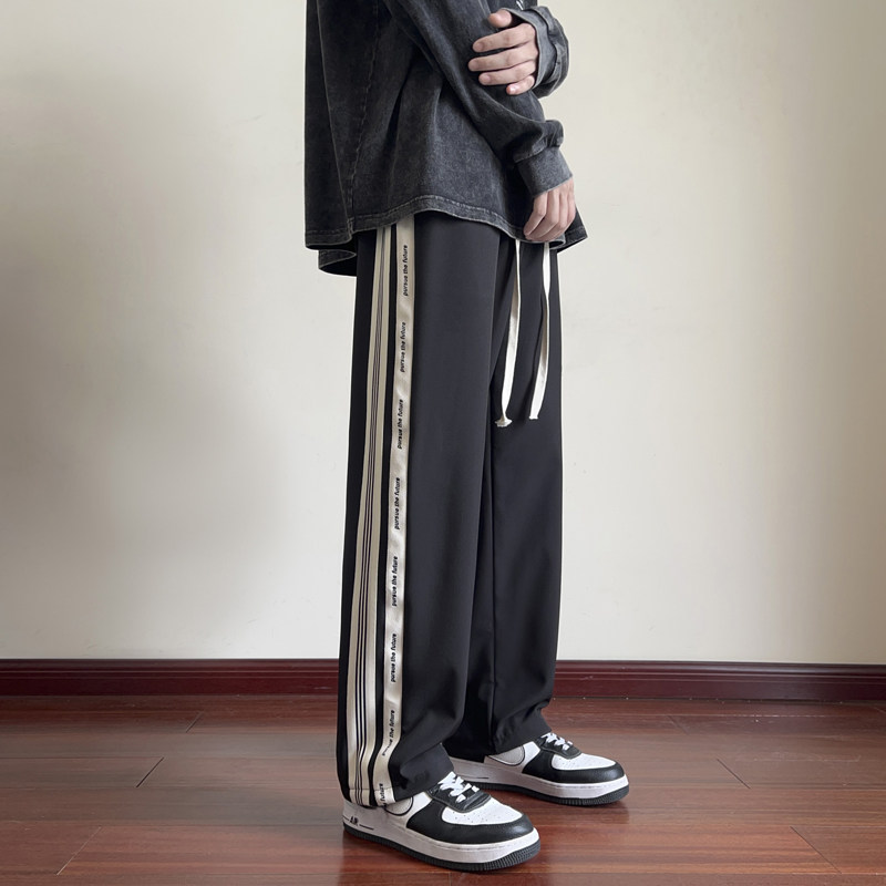 美式直筒裤子男高街复古运动裤秋季条纹男生休闲长裤-K673-P35黑,男装休闲裤,星座307-3(原516-1)