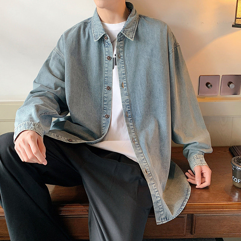 牛仔长袖衬衫男秋季美式韩版简约短袖衬衣港风宽松-CS622-P60泥黄图片