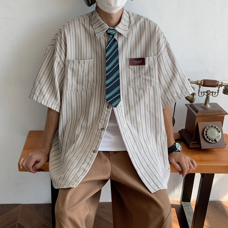 夏季衬衫男日系cityboy条纹长袖衬衣外套男-CS26-P40灰（送领带）图片