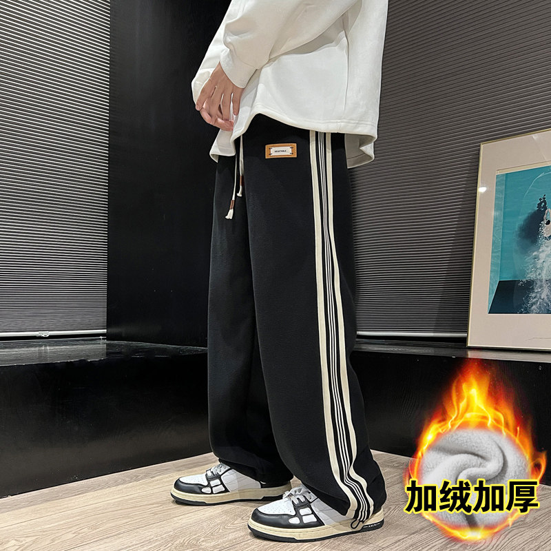 裤子男冬季抽绳束脚裤双面绒加绒加厚卫裤直筒休闲裤-K632-P50黑图片