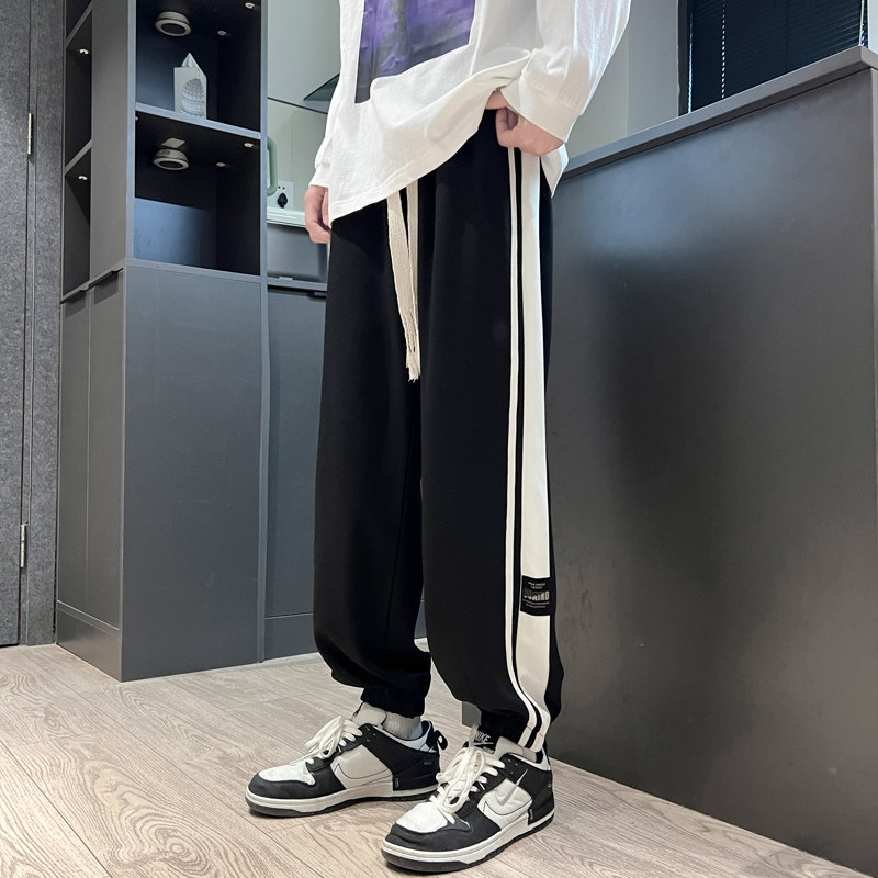 秋季束脚裤休闲潮牌大码长裤子侧边条纹运动卫裤男潮-K656-P45黑，男装休闲裤，星座307-3(原516-1)
