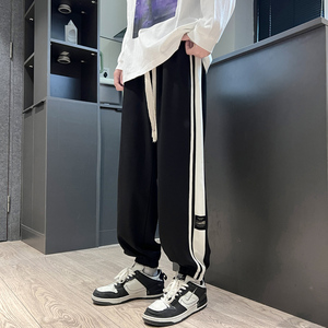 秋季束脚裤休闲潮牌大码长裤子侧边条纹运动卫裤男潮-K656-P45黑,男装休闲裤,星座307-3(原516-1)