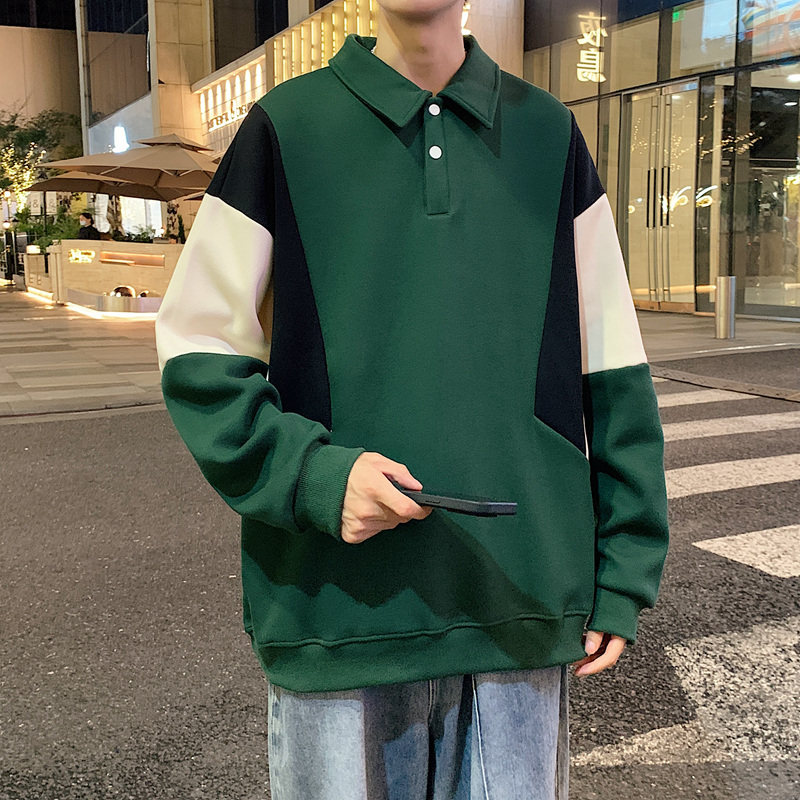 350G重磅卫衣男上衣设计感翻领2024春秋季拼接撞色t恤-2385-黑P55,男装卫衣,星座307-3(原516-1)