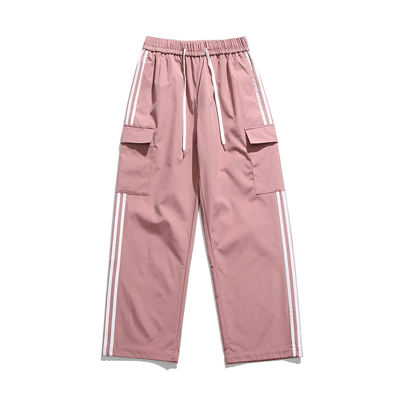 日系复古侧边条纹工装裤男女直筒三条杠休闲裤子高街-5061-P45粉,男装休闲裤,星座307-3(原516-1)