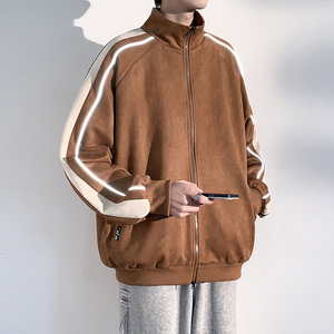 春季麂皮绒外套2023美式棒球服冲锋衣运动夹克男-JK8802-P70杏色图片