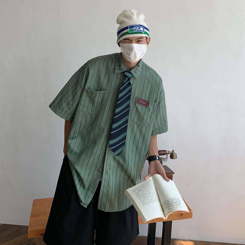 夏季衬衫男日系cityboy条纹长袖衬衣外套男-CS26-P40绿（送领带）图片
