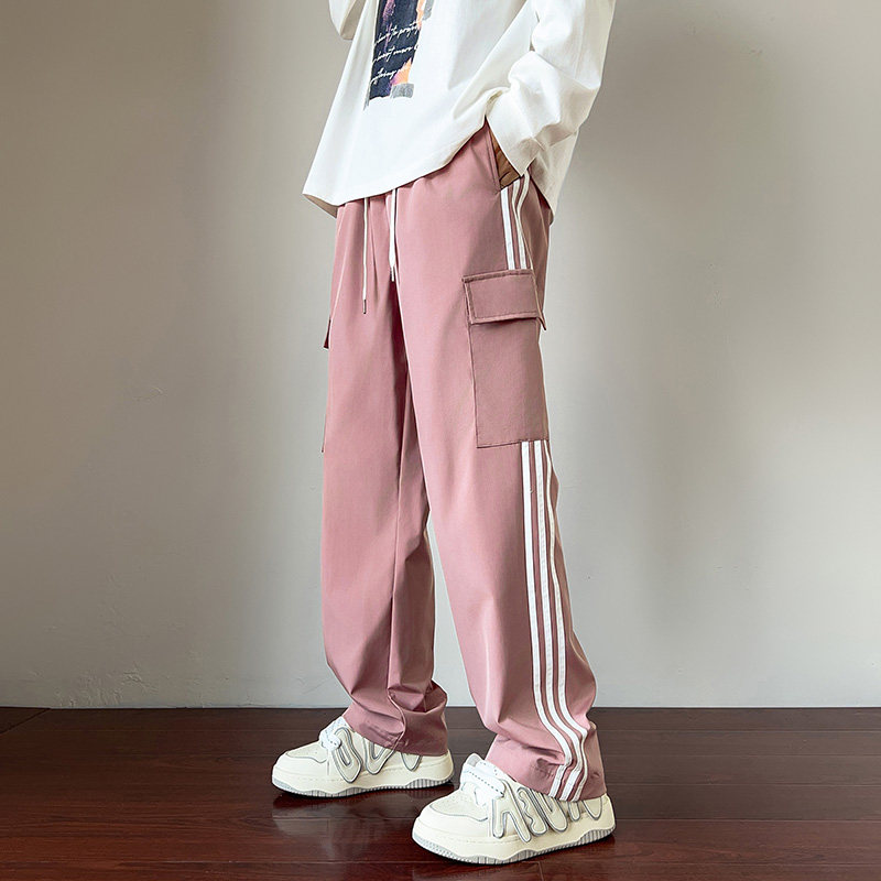 2024春夏季美式复古条纹工装裤男女直筒三条杠休闲裤-5061-P45粉图片