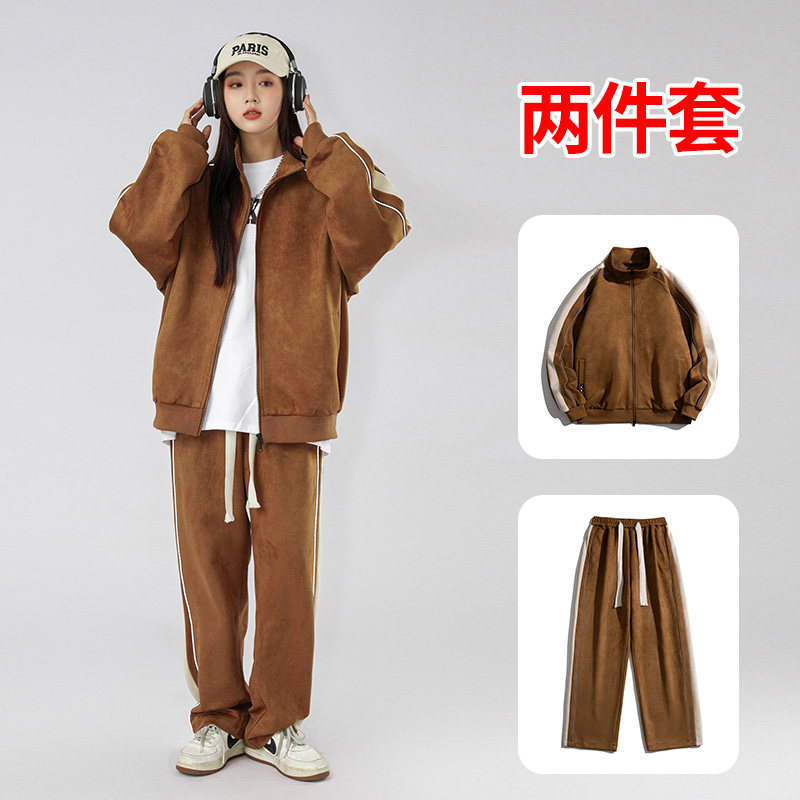 麂皮绒外套套装男2024新款春季冲锋衣棒球服夹克-TZ8802-P115焦糖图片