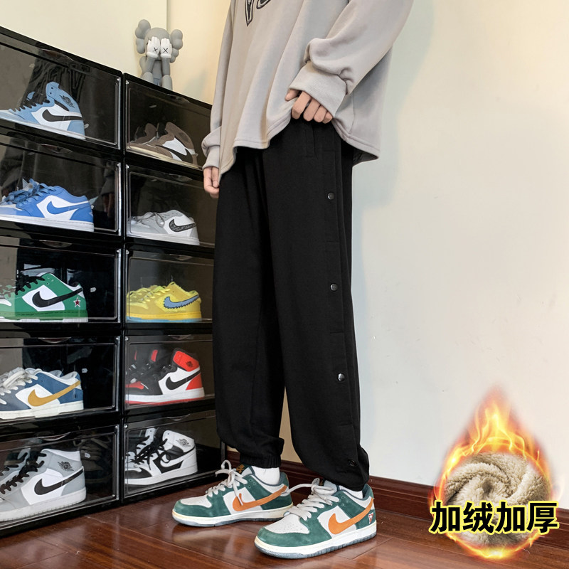 卫裤男冬季oversize潮流直筒宽松加绒束脚休闲裤-JR236-P35灰加绒,男装休闲裤,星座307-3(原516-1)