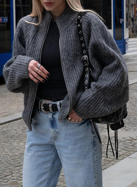 针织外套开衫女深灰色法式风圆领羊毛宽松2025春秋季新款拉链毛衣