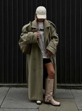 绿色风衣外套女2025秋季新款法式复古宽松百搭慵懒风中长款大衣
