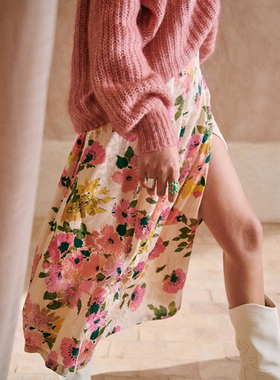 碎花半身裙女春秋a字法式高腰小个子中长款2025新款开叉花色垂感