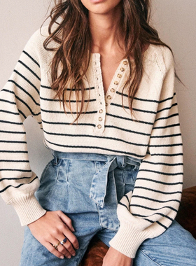 法式条纹针织v领毛衣黑白条纹毛衣女白色宽松套头毛衣2024新款ins