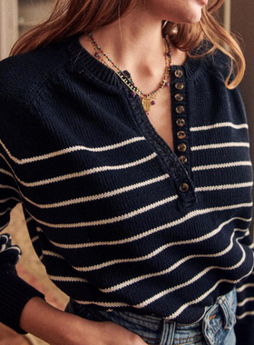 黑色条纹毛衣女法式V领慵懒风设计感小众2025年春季套头新品春装