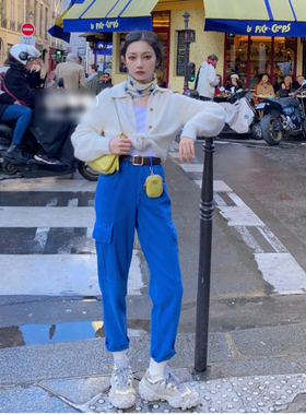 啾啾同款复古休闲宝蓝色长裤子工装裤cos风乳白色针织开衫毛衣