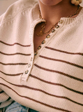 黑白条纹毛衣女法式宽松慵懒V领上衣套头针织衫2025新款灯笼袖