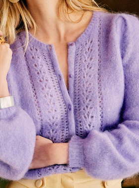 针织开衫春季新款女短款薄款软糯羊毛衫外套镂空外穿显法式紫色
