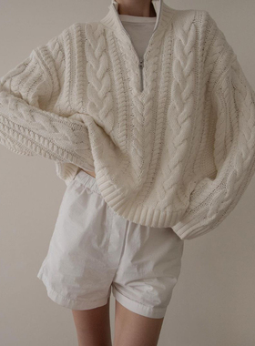 领口拉链毛衣女白色麻花法式复古宽松半拉链毛衣2025新款针织上衣