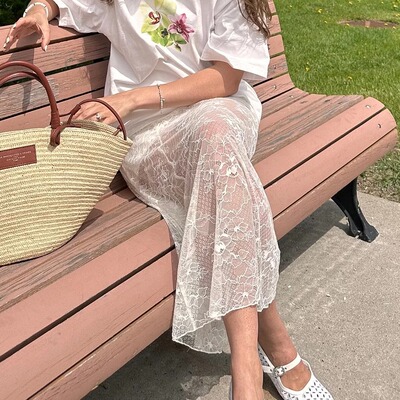 法式蕾丝中长A字半身裙