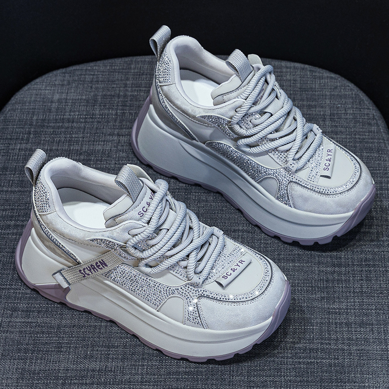 厚底内增高老爹鞋女2025新款百搭秋冬加绒真皮爆款水钻运动阿甘鞋